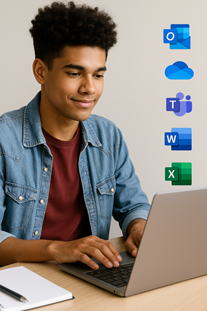 Student using a laptop with Microsoft 365 app icons displayed alongside.